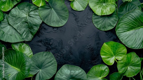 Lush Green Leaves Frame on Dark Background