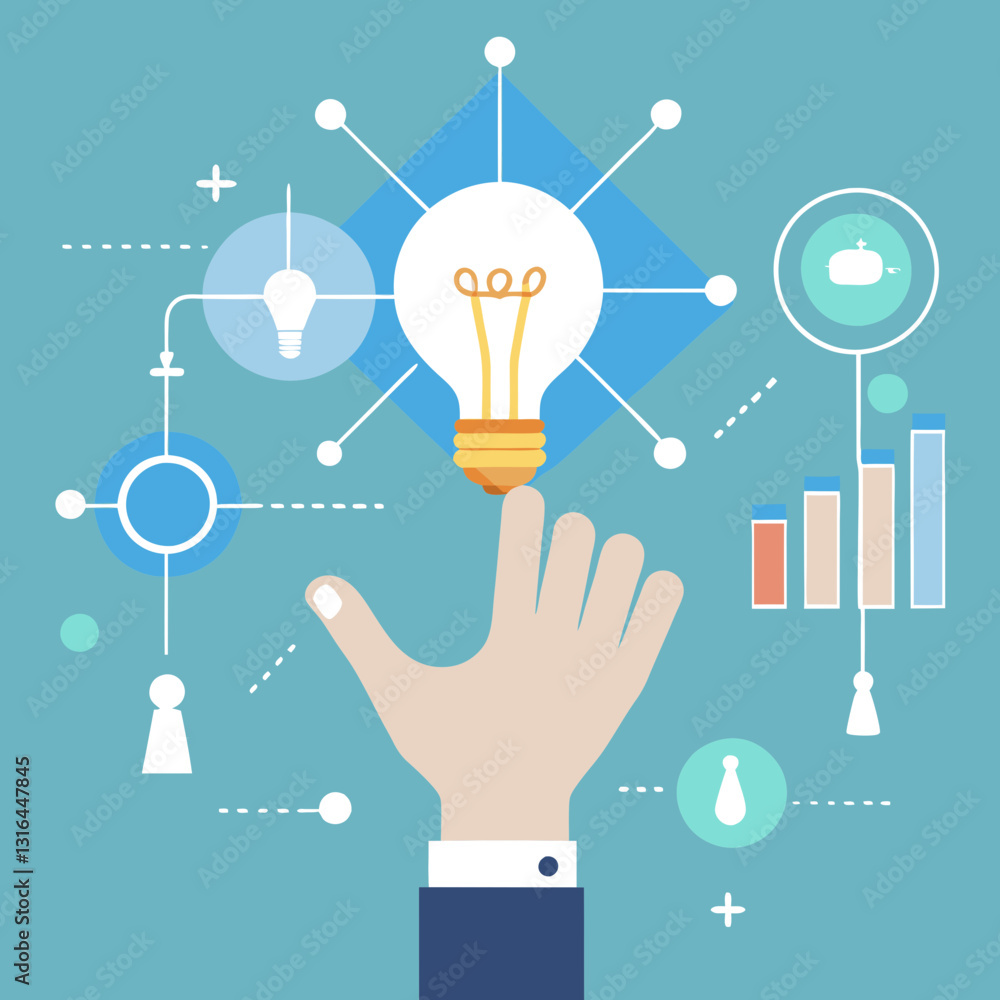 An illustration of a hand reaching for a light bulb symbolizing ideas and innovative thinking in modern society. An illustration of a hand reaching for a light bulb symbolizing ideas and innovative thinking in modern society.