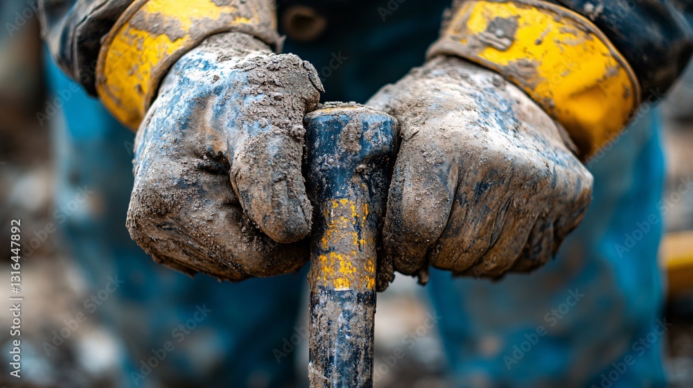 Hands holding a dirty tool or piece of construction equipment Hands holding a dirty tool or piece of construction equipment