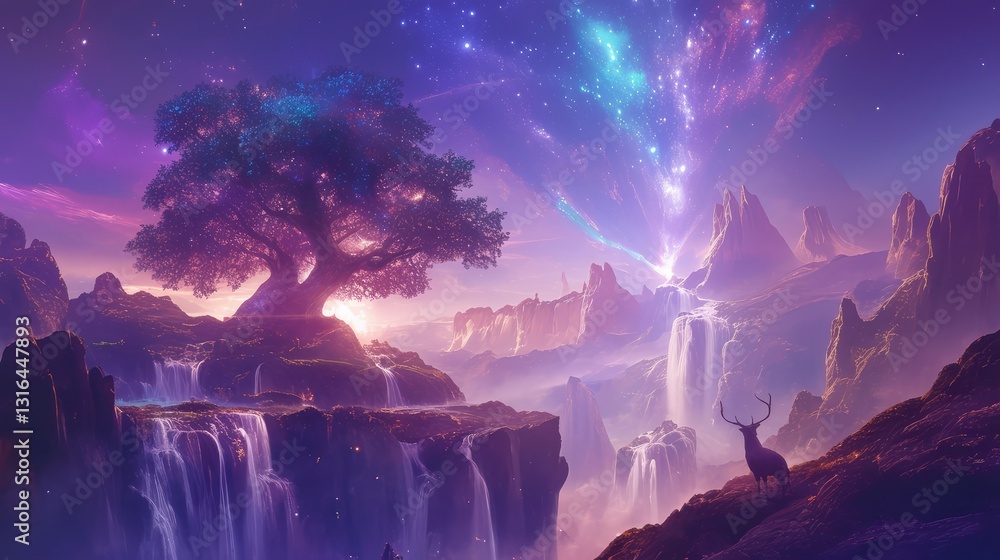 Fototapeta premium Enchanting Fantasy Landscape with Waterfall, Tree, and Deer Under a Starry Sky