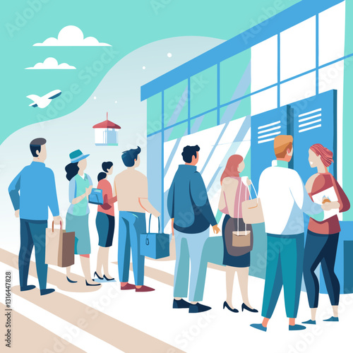 A vibrant scene at a transportation terminal, showing groups of people gathering and waiting for their journeys.