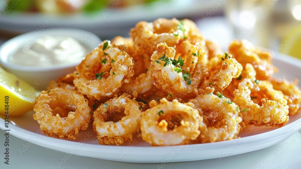 A golden cascade of fried calamari rings, their tentacles glistening with oil, rests on a white platter alongside lemon wedges and a creamy white aioli, ready to tantalize the taste buds. A golden cascade of fried calamari rings, their tentacles glistening with oil, rests on a white platter alongside lemon wedges and a creamy white aioli, ready to tantalize the taste buds.