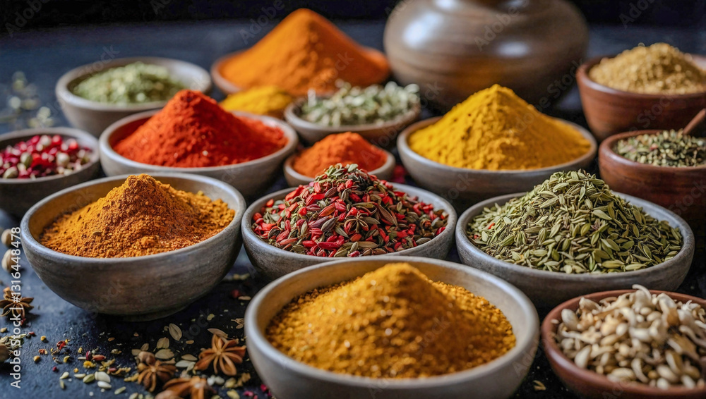 A variety of fragrant seasonings arranged in colorful piles, perfect for vibrant culinary creations A variety of fragrant seasonings arranged in colorful piles, perfect for vibrant culinary creations