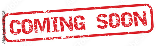 Coming soon word red rubber stamp with distressed texture effect isolated on transparent background.