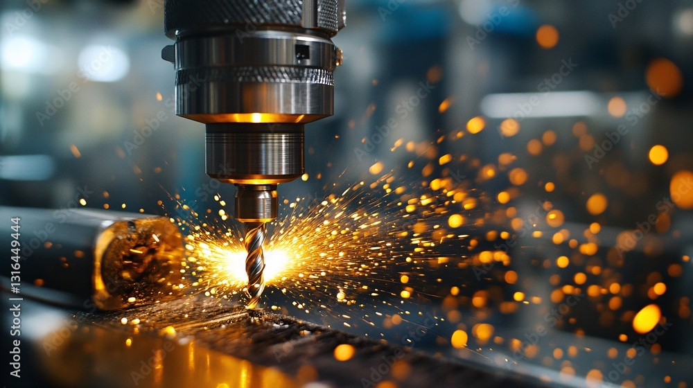 Machine drilling metal with sparks creating a manufacturing process Machine drilling metal with sparks creating a manufacturing process