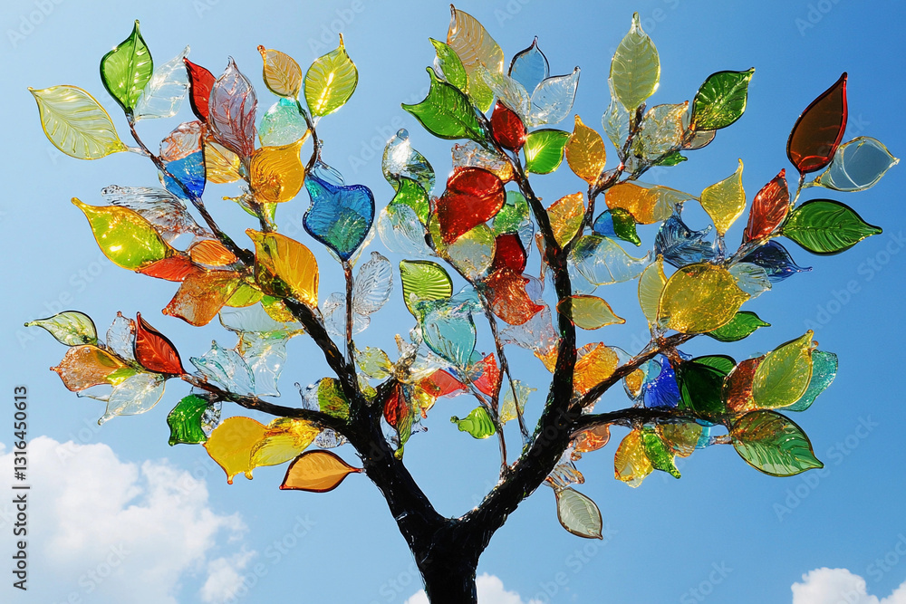 Colorful glass tree sculpture shines against a bright blue sky with white clouds during daylight hours Colorful glass tree sculpture shines against a bright blue sky with white clouds during daylight hours