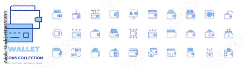 Wallet icons collection. Line Duotone style, editable stroke. expenses, income, exchange, purse, digital wallet, wallet, online wallet, transaction
