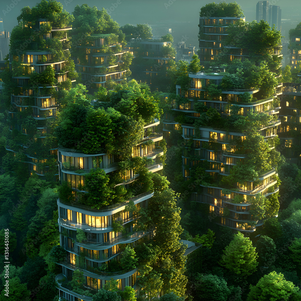 Obraz premium Futuristic eco city with green rooftops and integrated vegetation showcasing sustainable urban design and harmonious blending of nature and architecture