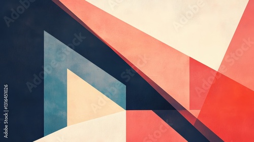 A geometric abstract image featuring overlapping colorful shapes and lines