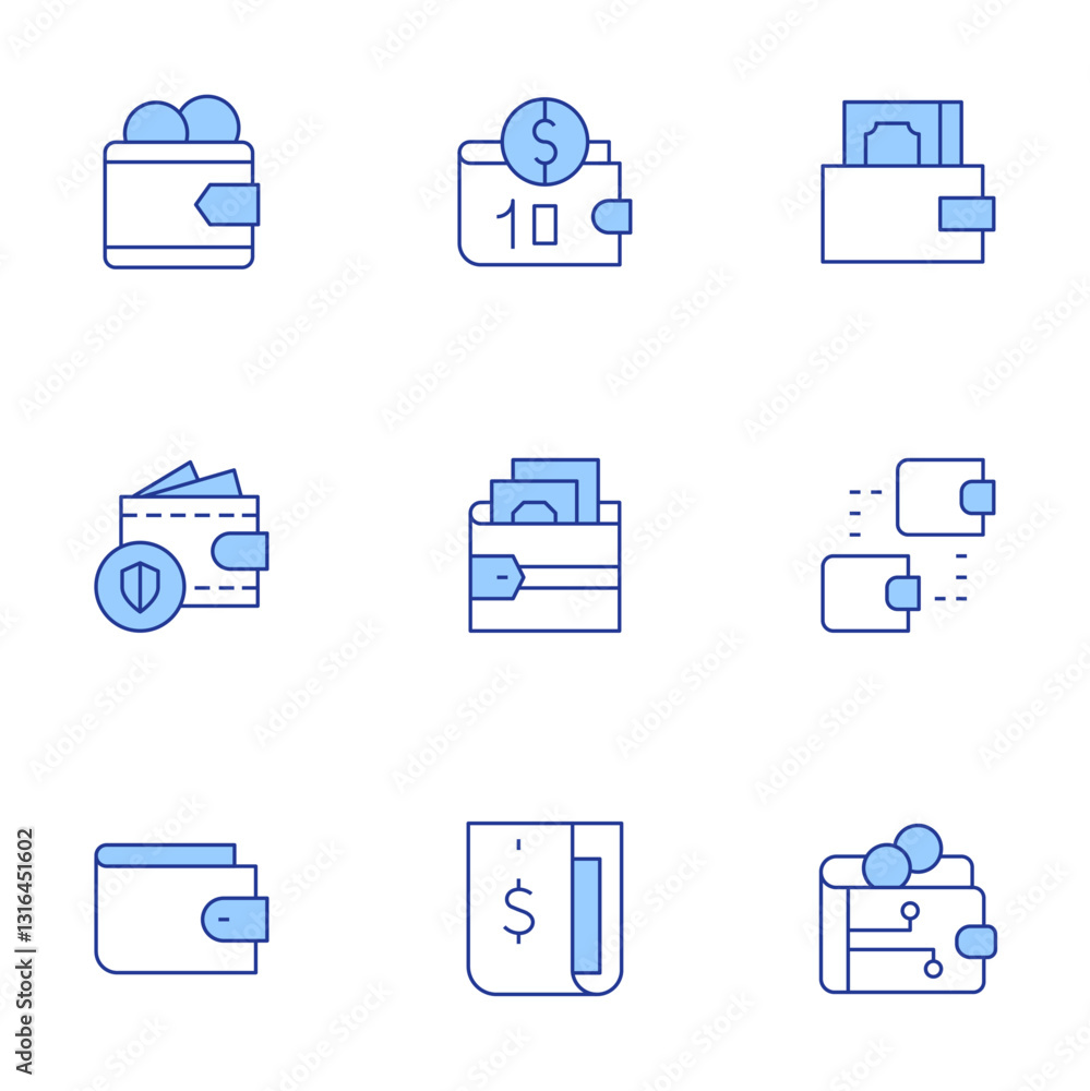 Wallet icons set. Line Duotone style, editable stroke. money, trading, wallet, digital wallet Wallet icons set. Line Duotone style, editable stroke. money, trading, wallet, digital wallet