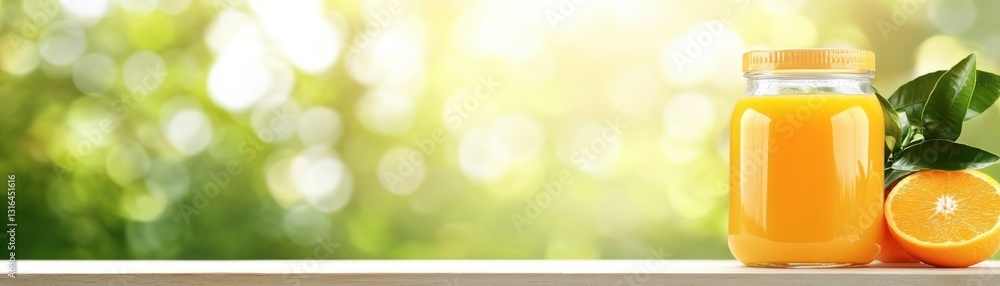 A bright, refreshing image featuring a jar of orange juice beside fresh oranges, set against a blurred green background. A bright, refreshing image featuring a jar of orange juice beside fresh oranges, set against a blurred green background.