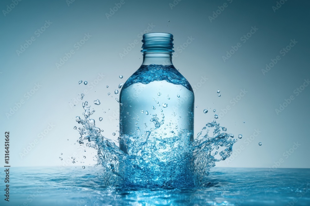 Water splash from a bottle captures the essence of freshness in a calming setting Water splash from a bottle captures the essence of freshness in a calming setting