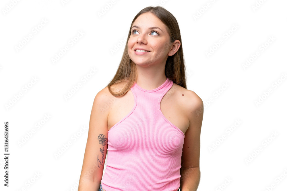 Young beautiful blonde woman over isolated background thinking an idea while looking up Young beautiful blonde woman over isolated background thinking an idea while looking up