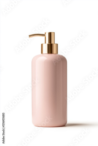 High-end glossy pink soap dispenser with a gold pump, isolated on a white background.
