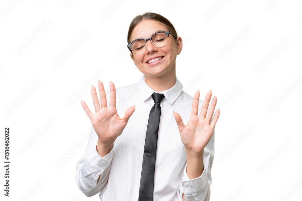 Young business caucasian woman over isolated background counting ten with fingers Young business caucasian woman over isolated background counting ten with fingers
