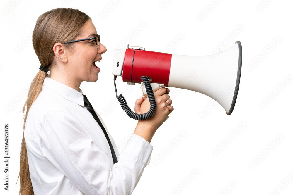 Young business caucasian woman over isolated background shouting through a megaphone Young business caucasian woman over isolated background shouting through a megaphone