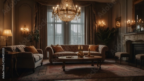 vintage living room, elegant interior, Persian carpet, antique chandelier, classic home decor, luxury living space, retro home design, warm ambient lighting, nostalgic atmosphere, victorian style room