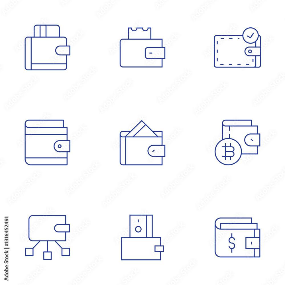 Wallet icons set. Thin Line style, editable stroke. wallet, digital wallet, money management