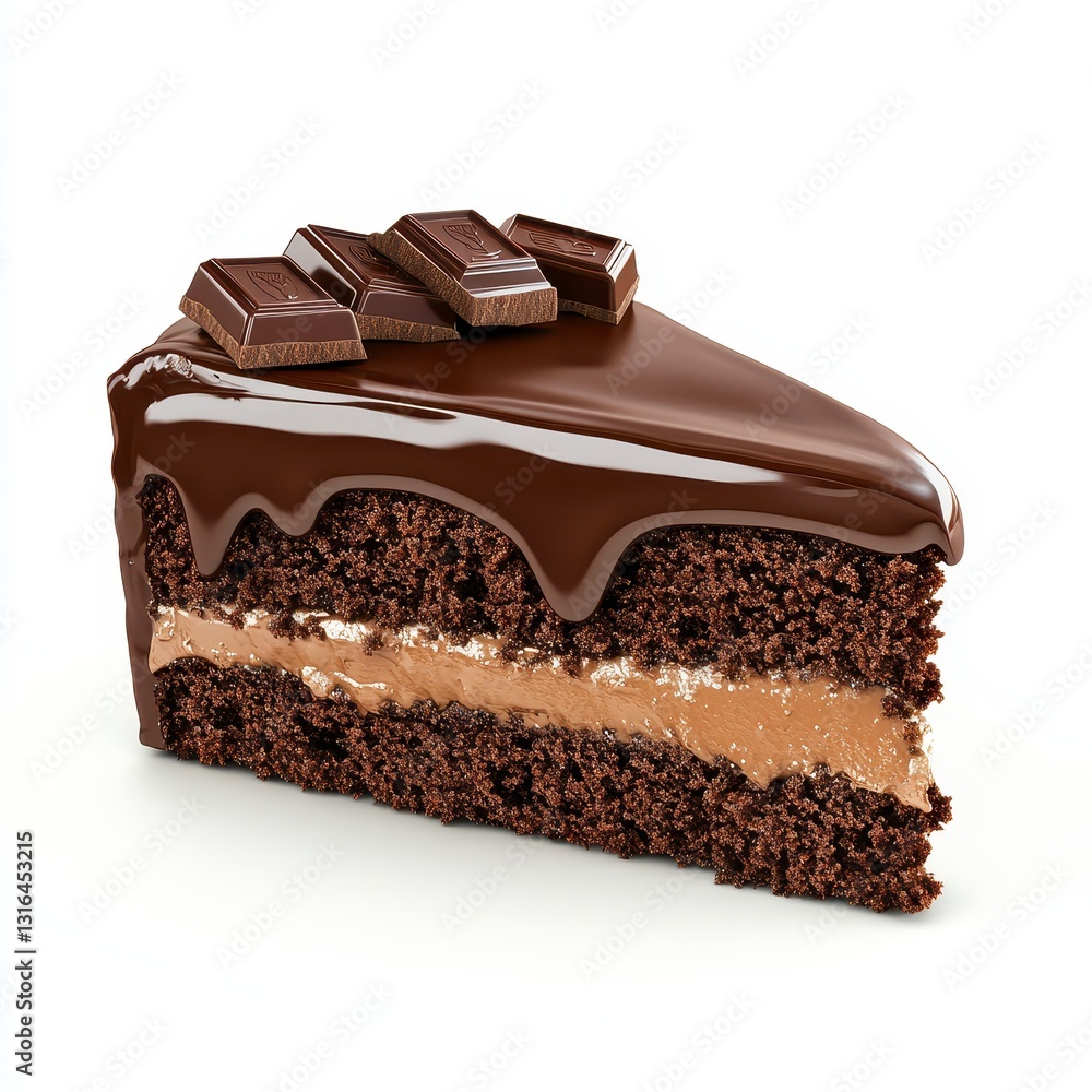 Decadent Chocolate Cake Slice with Ganache and Chocolate Pieces Decadent Chocolate Cake Slice with Ganache and Chocolate Pieces