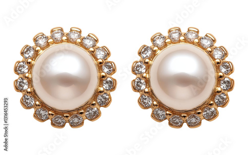 Elegant pearl earrings adorned with gold and diamonds. Classic round pearls are surrounded by sparkling gemstones, luxurious and timeless jewelry piece. Isolated on transparent background, png.