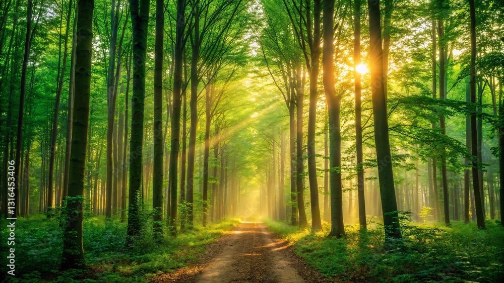 Beautiful Sunlight Beaming Through a Lush Green Forest – Enchanting Nature Scene with Sun Rays and Foliage Beautiful Sunlight Beaming Through a Lush Green Forest – Enchanting Nature Scene with Sun Rays and Foliage