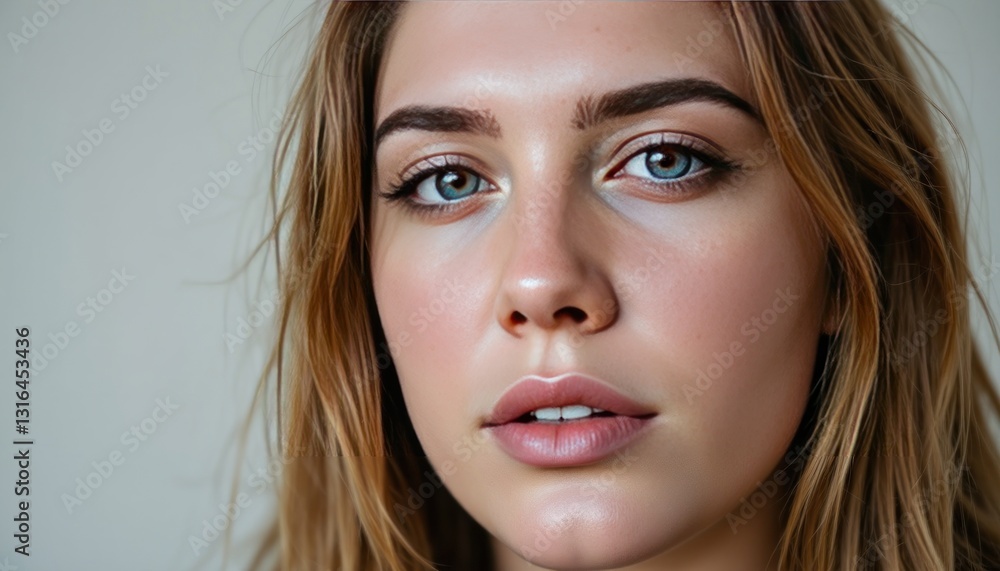 Obraz premium Close up Portrait of a Young Woman with Long Blonde Hair and Blue Eyes