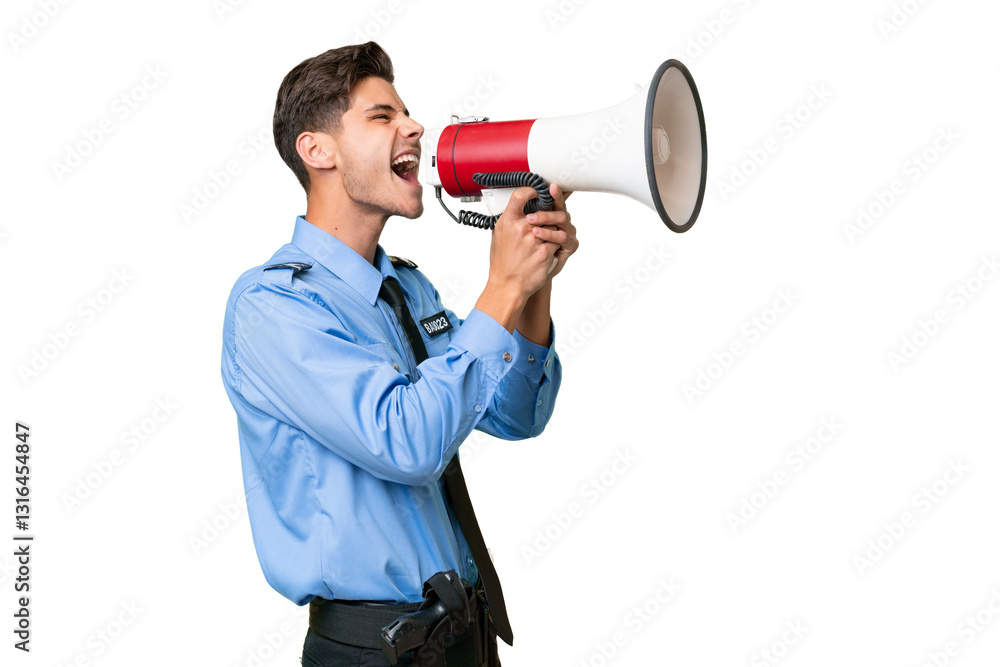 Young police man over isolated background shouting through a megaphone Young police man over isolated background shouting through a megaphone
