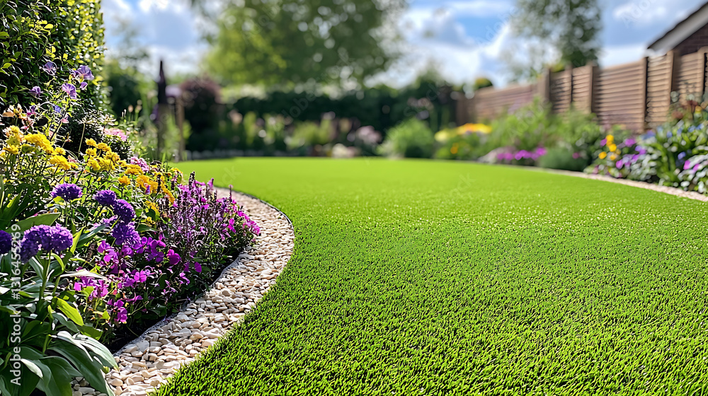 Obraz premium Lush vibrant backyard featuring a pristine artificial lawn bordered by colorful flowers and neatly arranged pebbles.