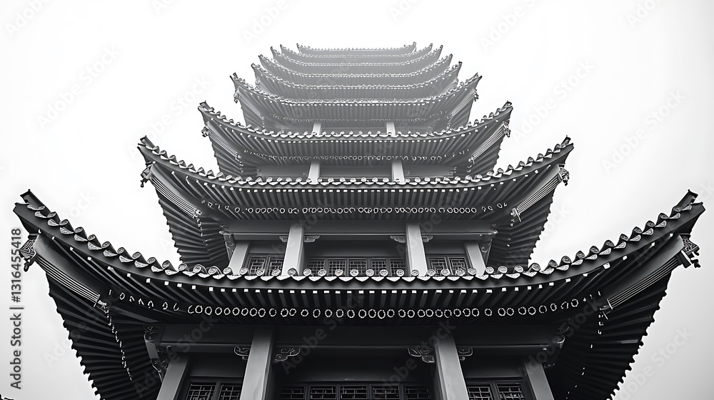 Monochrome pagoda rising into the mist showcasing ornate eaves and layered architectural design. Monochrome pagoda rising into the mist showcasing ornate eaves and layered architectural design.