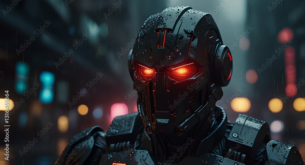 A sleek robotic bounty hunter with red eyes navigates rain-drenched streets in a vibrant cyberpunk metropolis. A sleek robotic bounty hunter with red eyes navigates rain-drenched streets in a vibrant cyberpunk metropolis.