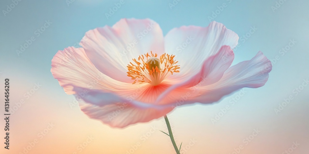 A delicate pale pink and white poppy flower captured in macro photography, perfect for spring-themed designs, invitations, and calming decor. A delicate pale pink and white poppy flower captured in macro photography, perfect for spring-themed designs, invitations, and calming decor.