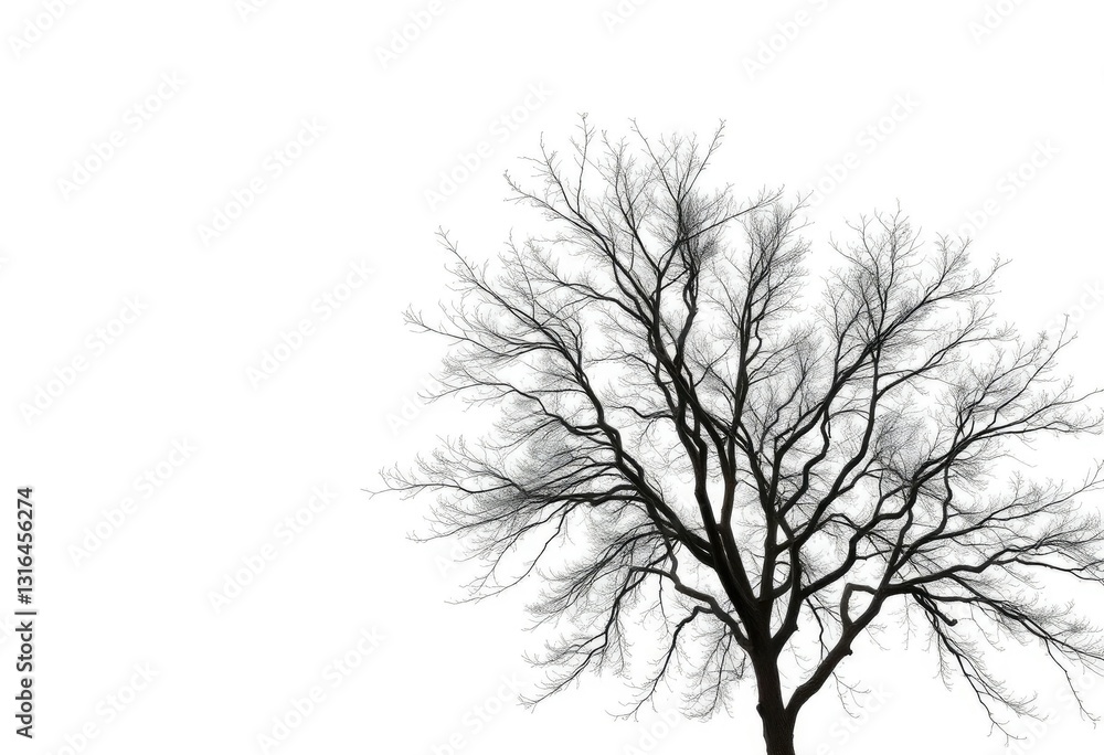 Obraz premium A lone deciduous tree, branches reaching skyward, stark against a pure white backdrop, peaceful, single tree