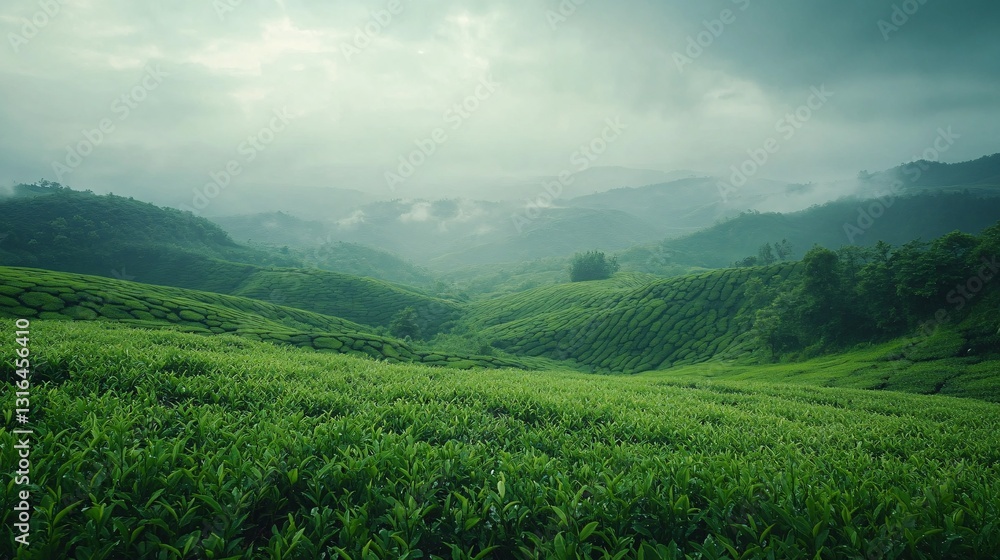 Lush green tea plantation on rolling hills under a cloudy sky Lush green tea plantation on rolling hills under a cloudy sky