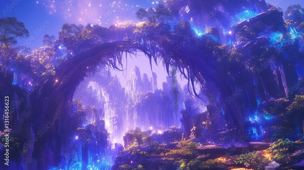 Fototapeta premium Enchanted Forest Landscape Magical Purple Grotto and Glowing Falls