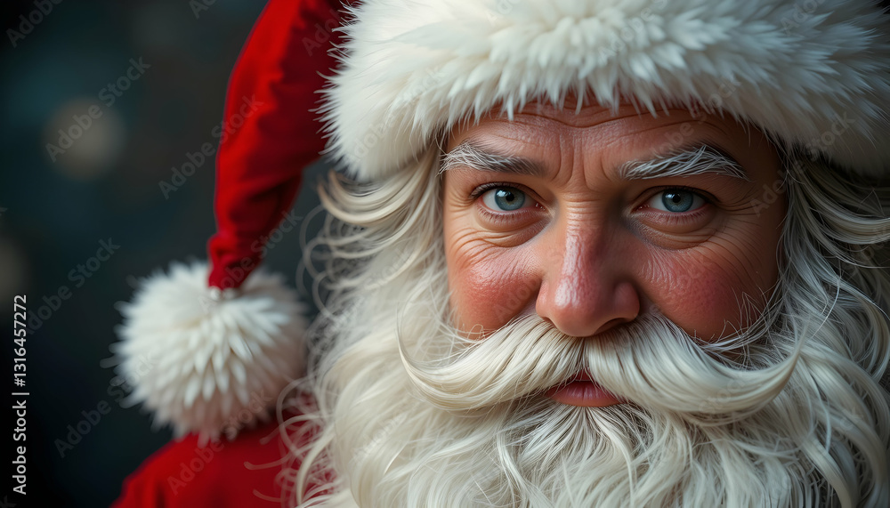 Santa Portrait with Festive Hat and White Beard Closeup Santa Portrait with Festive Hat and White Beard Closeup