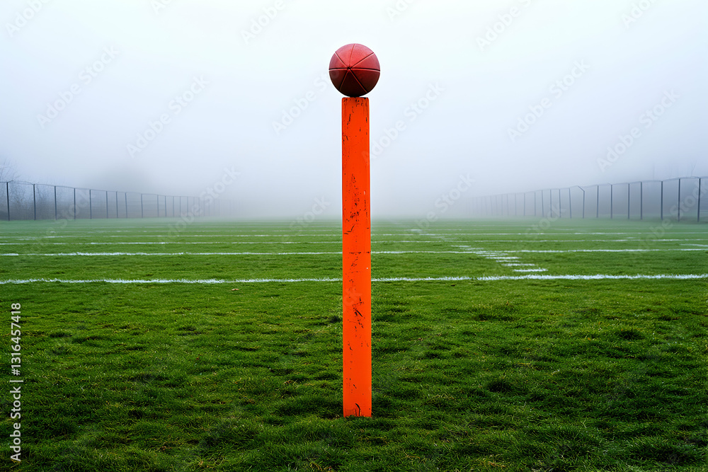 Lone Pylon Stands Guard at Fog-Shrouded Empty End Zone, Waiting for the Game Lone Pylon Stands Guard at Fog-Shrouded Empty End Zone, Waiting for the Game
