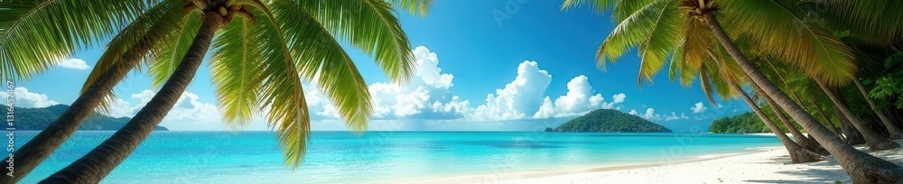 Lush Philippine palm trees bending over white sand beach, southeast asia, island, sea Lush Philippine palm trees bending over white sand beach, southeast asia, island, sea
