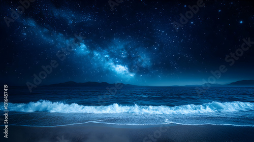 Fototapeta Naklejka Na Ścianę i Meble -  Magnificent Starry Sky Over a Calm Ocean at Night with Milky Way