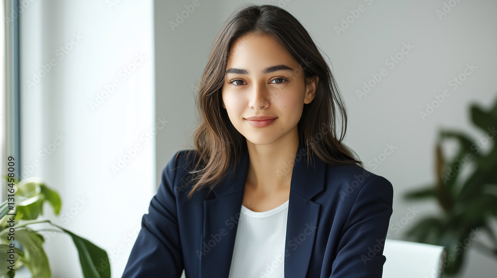 Elegant Navy-Clad Female Executive Exuding Confidence at a Sleek White Desk with Gentle Left-Side Window Lighting Elegant Navy-Clad Female Executive Exuding Confidence at a Sleek White Desk with Gentle Left-Side Window Lighting
