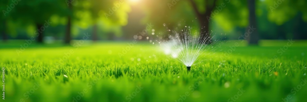 Newly installed underground sprinklers on vibrant green park grass, vibrant, new, park lawn Newly installed underground sprinklers on vibrant green park grass, vibrant, new, park lawn