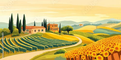 A picturesque Tuscan countryside landscape with rolling vineyards, traditional Italian farmhouse, and lush green hills under a golden sunset sky, creating a warm and serene rural atmosphere