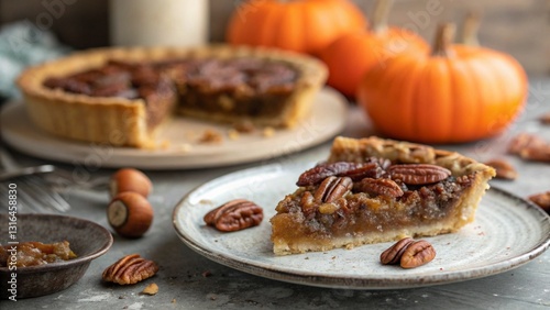 Slice of Pecan Pie and Caramel, Traditional Autumn Dessert