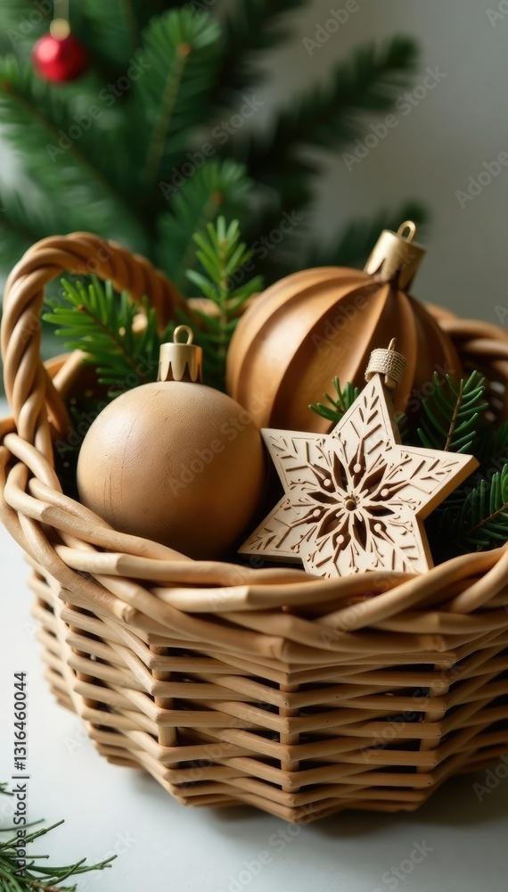 Handmade wooden and paper ornaments in a woven basket, natural fiber, holiday decor, eco friendly Handmade wooden and paper ornaments in a woven basket, natural fiber, holiday decor, eco friendly