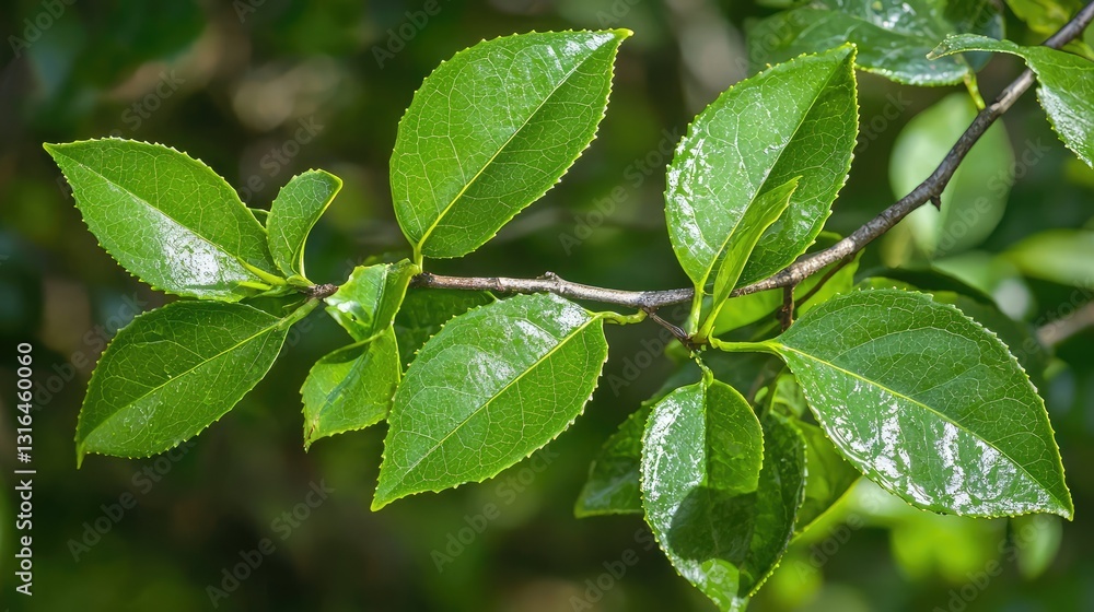 Fototapeta premium A close-up of fresh tea leaves on a branch, showing their vibrant green color