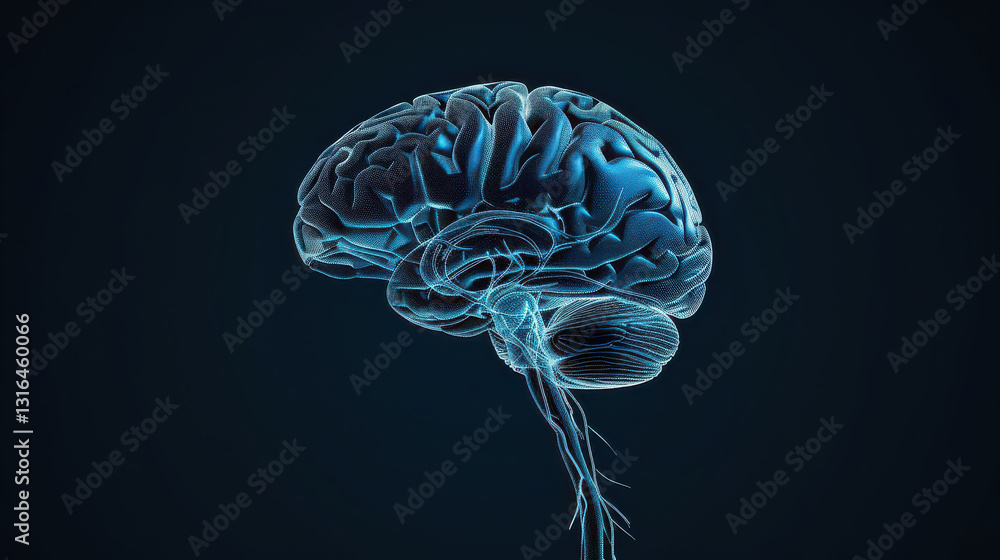 Fototapeta premium detailed rendering of human brain with glowing neural pathways, showcasing intricate neural networks and brain anatomy against dark background
