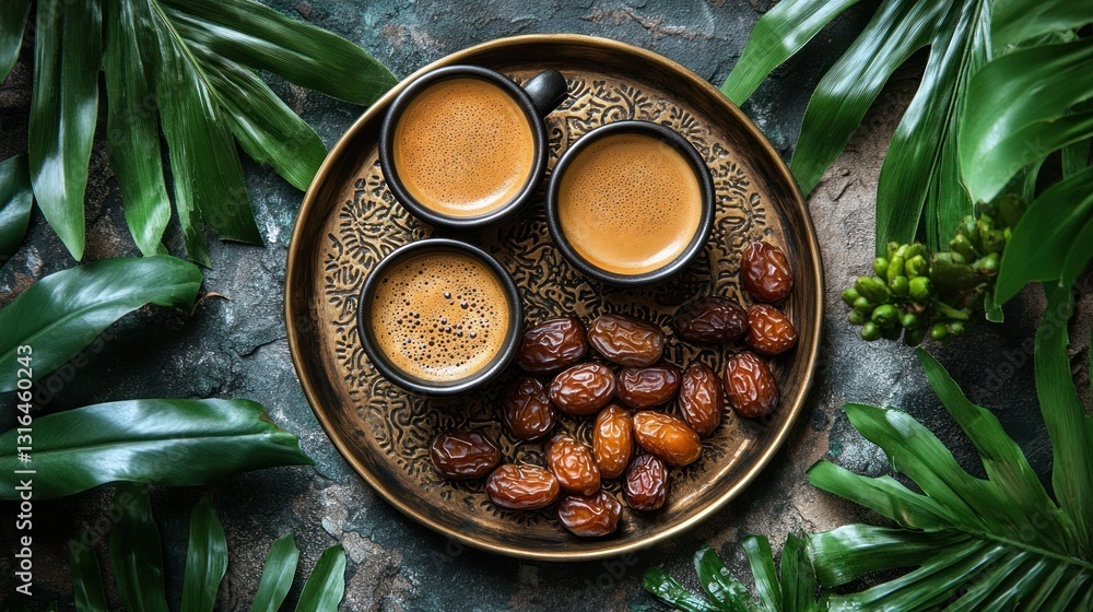 Espresso, dates, tropical leaves, ornate tray Espresso, dates, tropical leaves, ornate tray