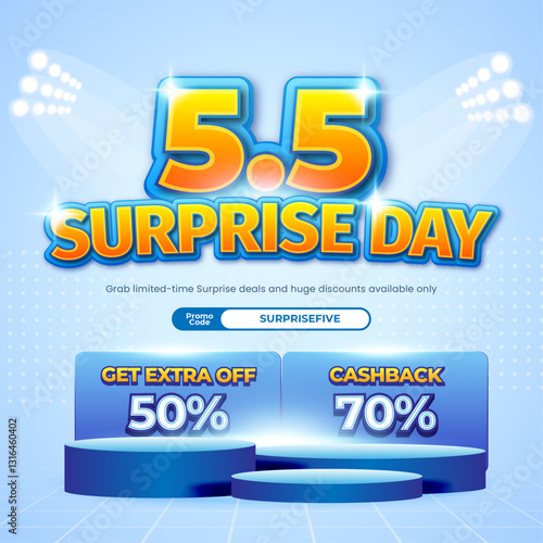 5.5 Surprise Sale discount deals Super Light Blue gradient Editable text effect Stadium style podium showcase square promotional banner poster flyer template