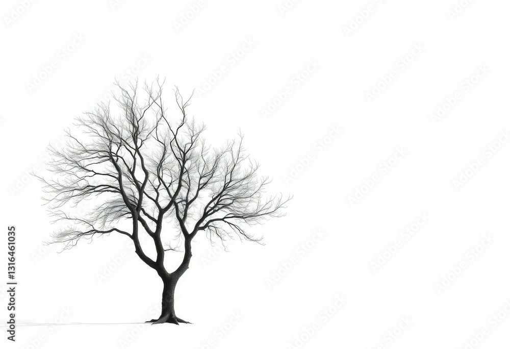 Obraz premium Lone deciduous tree, stark branches against pure white, foliage, ecology