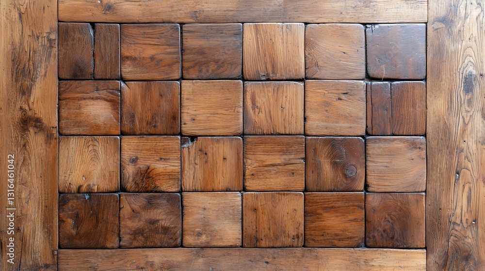 Textured Wooden Surface with Geometric Squares in Earthy Tones Textured Wooden Surface with Geometric Squares in Earthy Tones