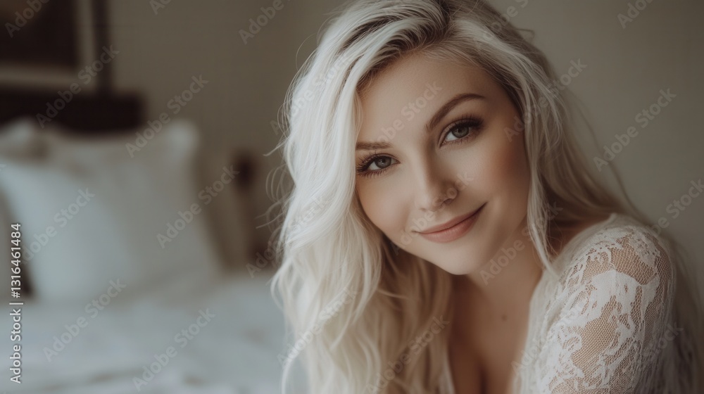 Beautiful Woman with Long Blonde Hair Smiling in Cozy Bedroom Setting Beautiful Woman with Long Blonde Hair Smiling in Cozy Bedroom Setting
